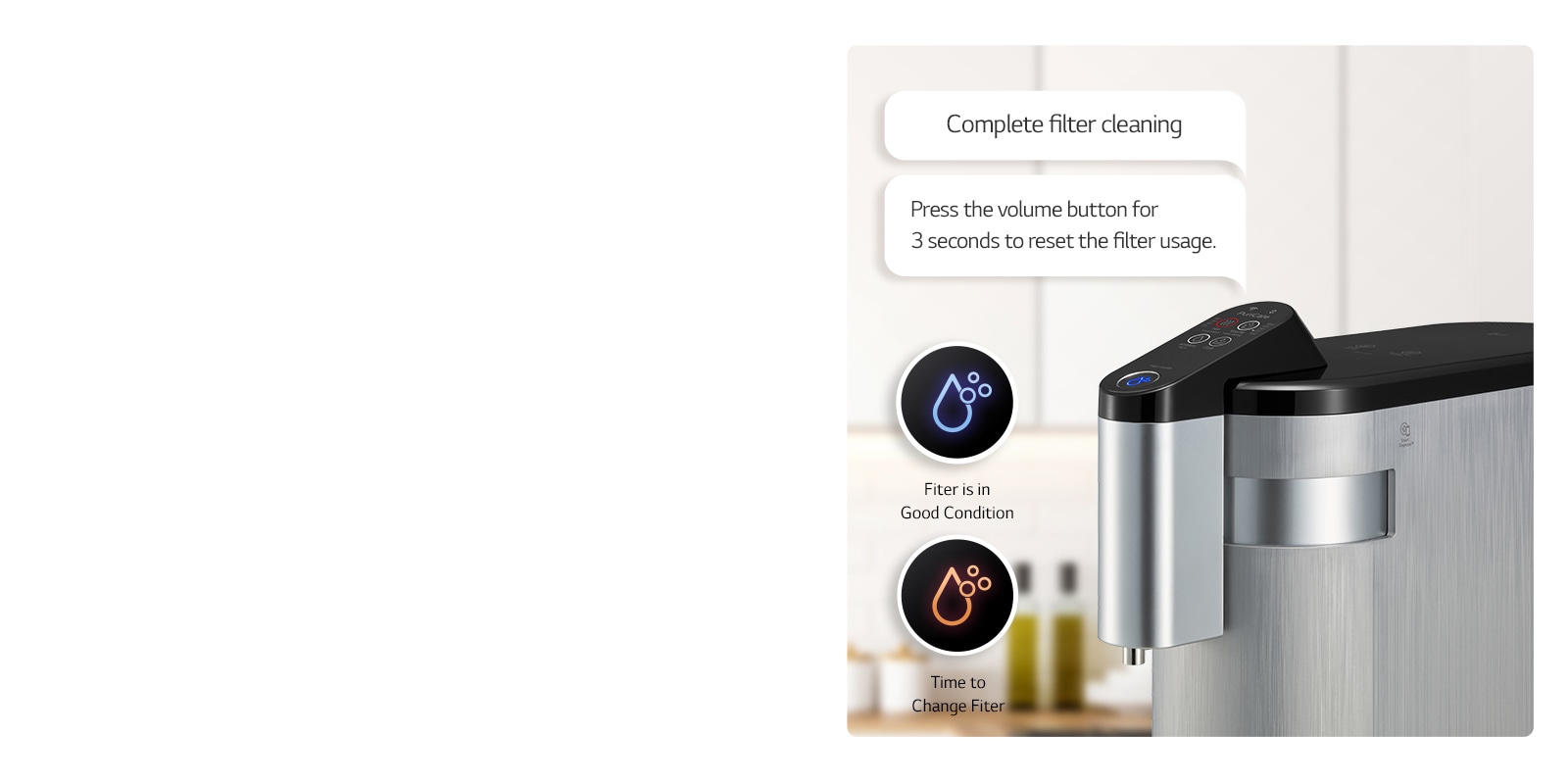 There is a water purifier in what is seen as a kitchen, blue and red icon on the left, and a speech bubble