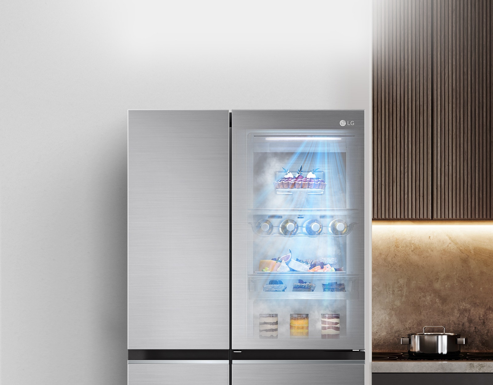 The front view of a black InstaView refrigerator with the light on inside. The contents of the refrigerator can be seen through the InstaView door. Blue rays of light shine down over the contents from the DoorCooling function. 