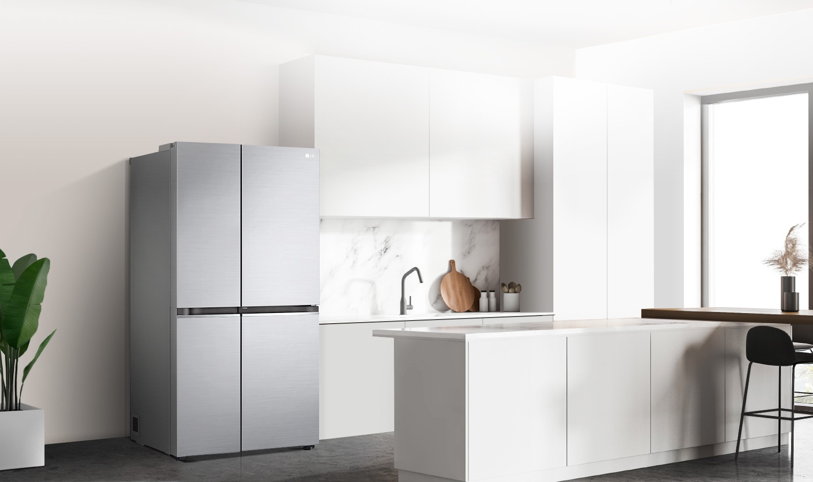 A side view of a kitchen with a black InstaView refrigerator installed.