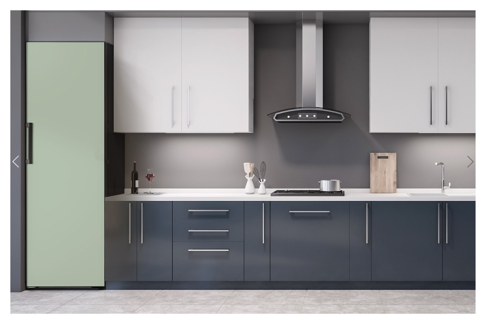 It shows mist mint color LG Larder Objet Collection is placed in a dark-tone modern kitchen.