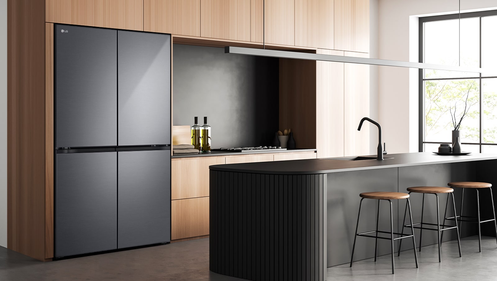 Modern kitchen interior with InstaView fridge.