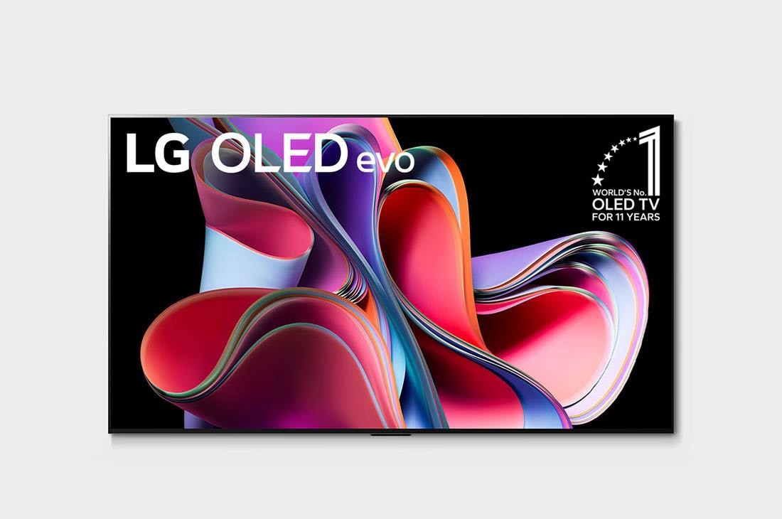 LG OLED evo G3 Gallery Edition 77 inch 120Hz Dolby Vision & HDR10 4K UHD Smart TV (2023), Front view with LG OLED evo, 10 Years World No.1 OLED Emblem, and 5-Year Panel Warranty logo on screen, OLED77G3PSA
