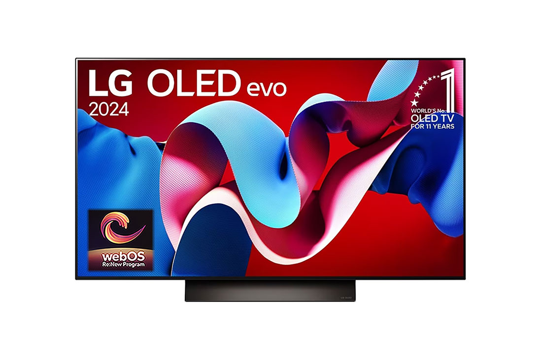 LG OLED evo AI TV C4 48 inch 144Hz Gaming Mode* Dolby Vision & HDR10 4K UHD (2024) , Front view with LG OLED evo and 11 Years World No.1 OLED Emblem on screen, OLED48C4PSA