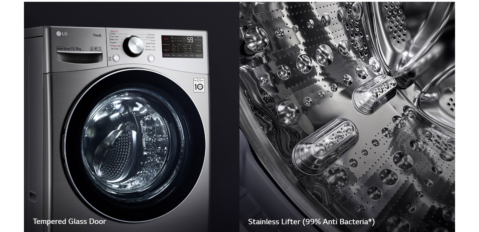 One image shows the front of the washing machine front load washer bringing focus to the tempered glass door. Second image shows the interior of the drum with focus on the stainless steel design.