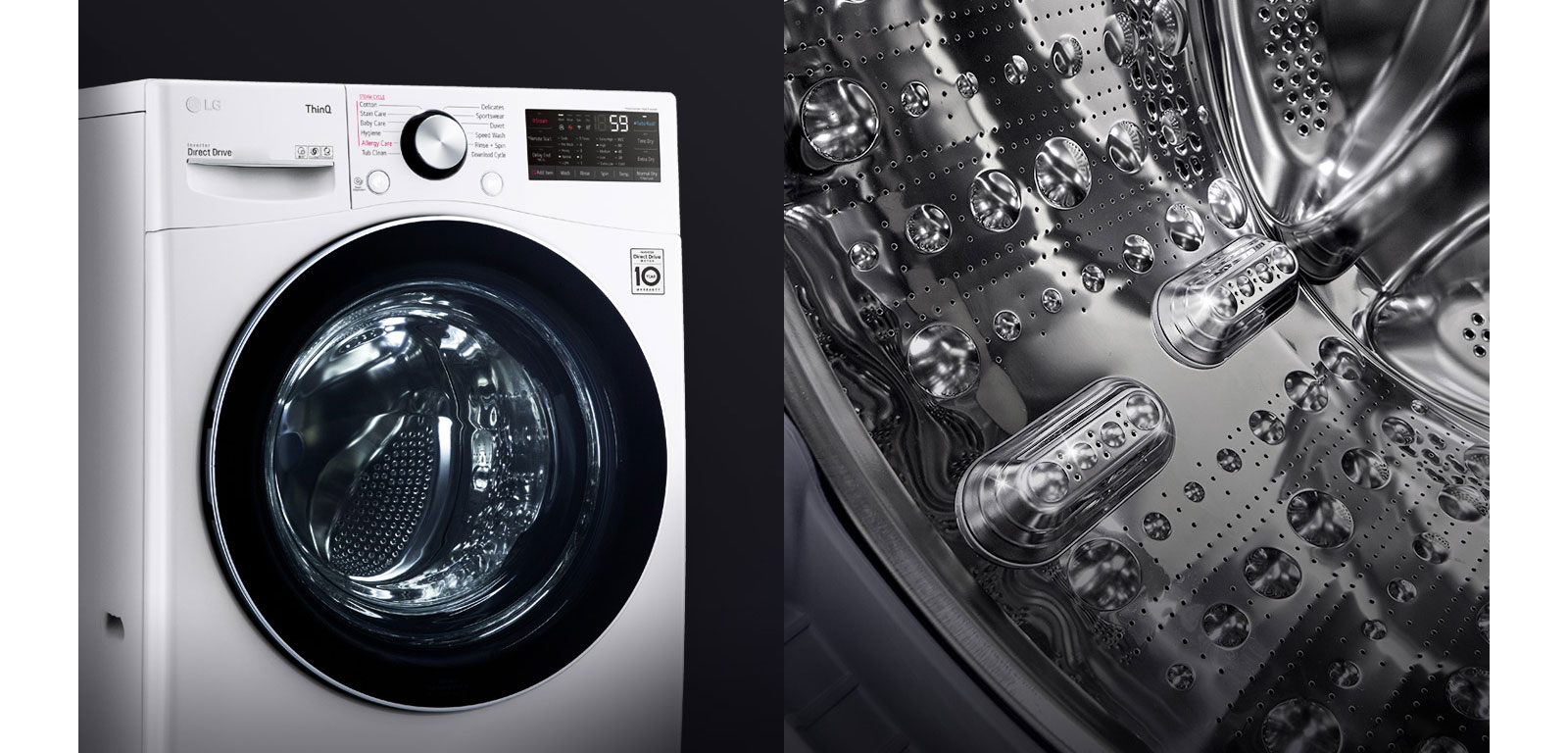 One image shows the front of the washing machine front load washer bringing focus to the tempered glass door. Second image shows the interior of the drum with focus on the stainless steel design.