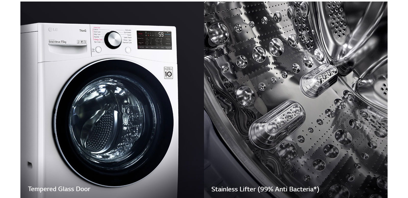 One image shows the front of the washing machine front load washer bringing focus to the tempered glass door. Second image shows the interior of the drum with focus on the stainless steel design.