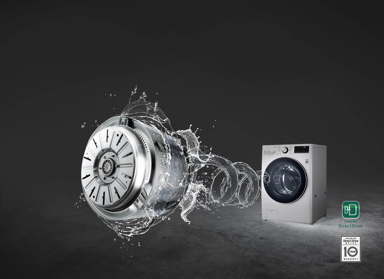 A grey background with the washing machine front loading washer highlighted and a swirl of water thrusting from the front to lead to an image of the Inverter Direct Drive Motor.