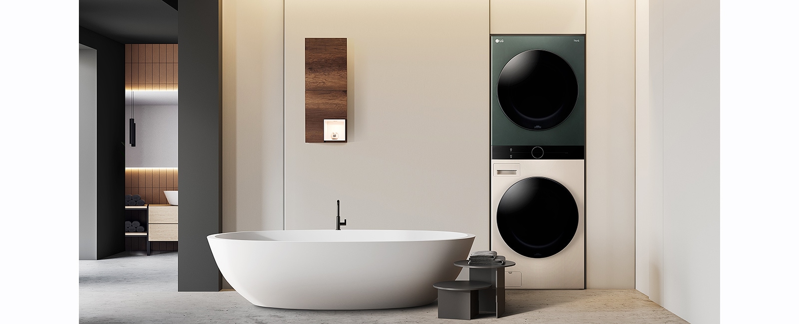 LG Objet WashTower™ presents a harmonious interior that fits perfectly with the built-in furniture in the bathroom.