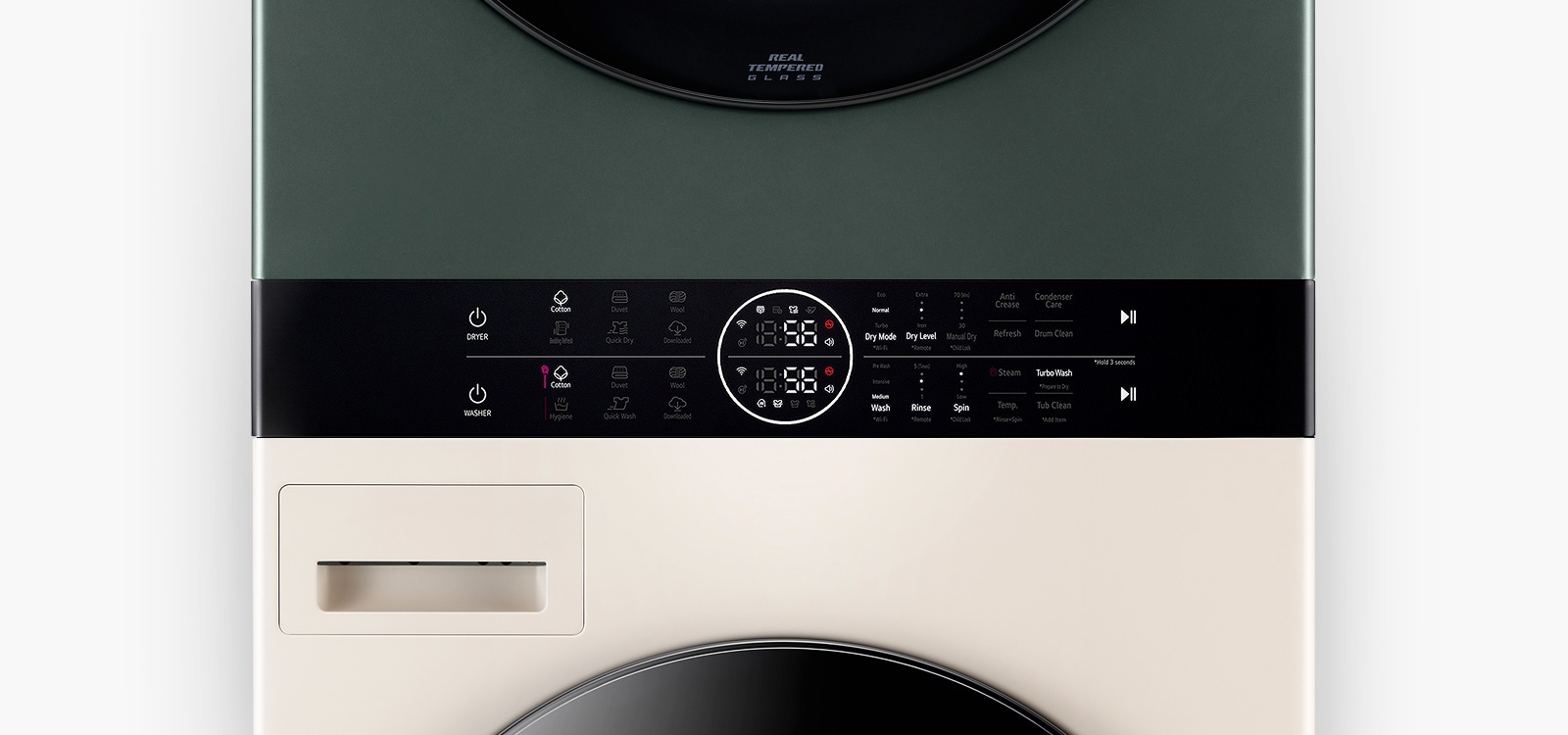 Large view of the LG Objet WashTower center panel. A few buttons are on.