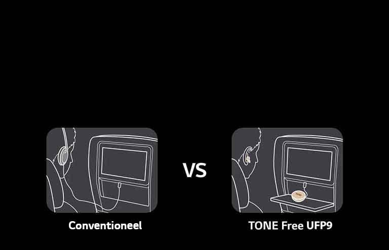 Dit is een scène waarin de functies van Conventioneel en TONE Free worden getoond door de gebruiksscènes van flight entertainment te vergelijken. Conventioneel wordt een hoofdtelefoon met een draad gebruikt, maar TONE Free verbindt alleen de aux-kabel van de houder met het scherm.