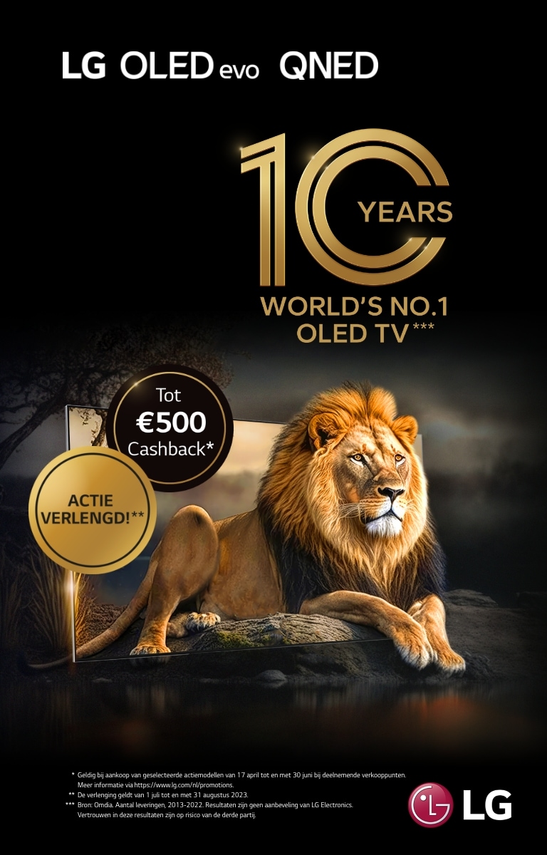 10 years world no.1 OLED-TV banner van LG waar je tot 500 euro cashback kan krijgen
