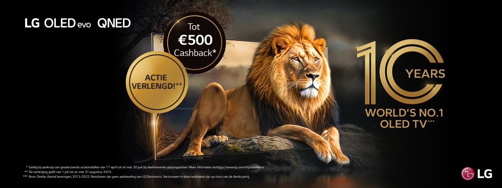 10 years world no.1 OLED-TV banner van LG waar je tot 500 euro cashback kan krijgen