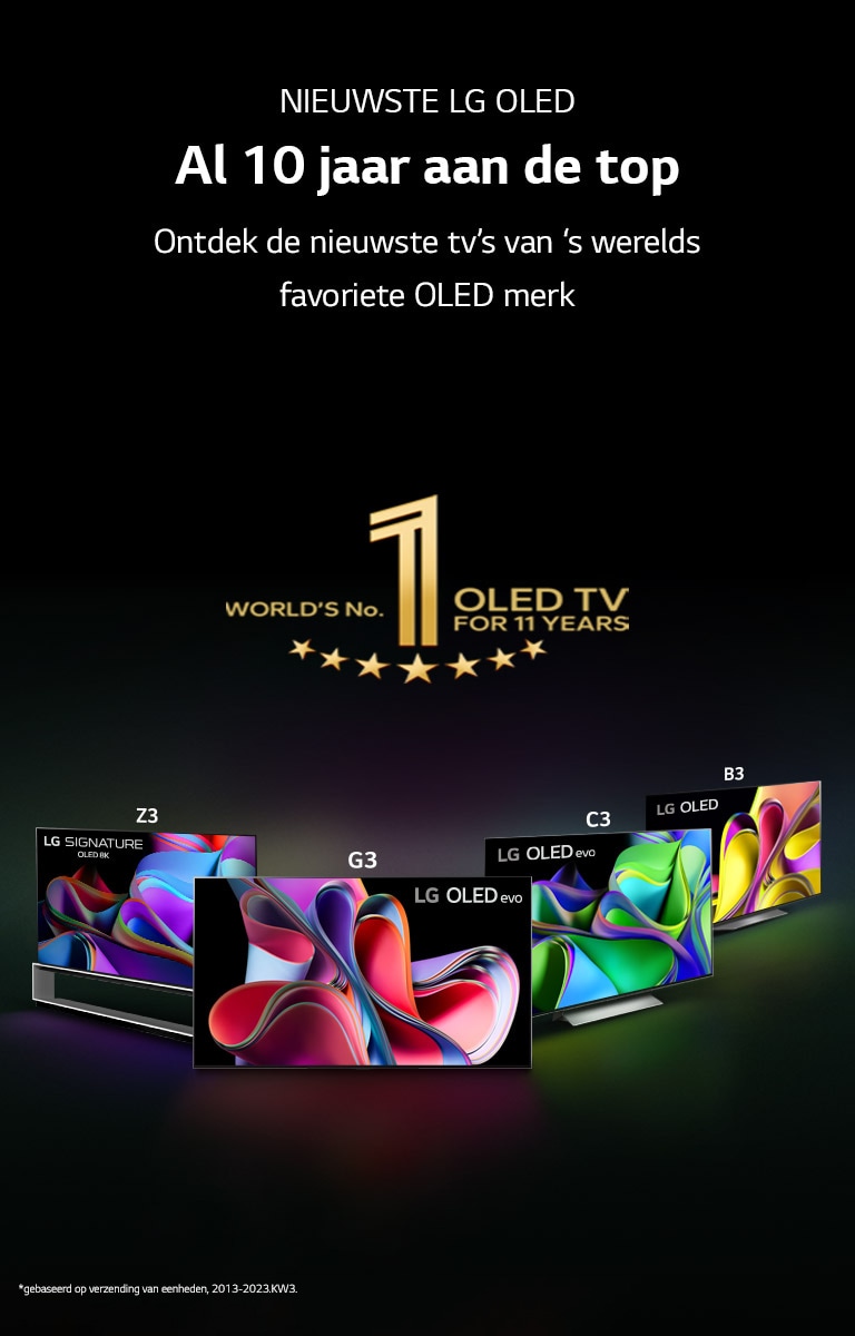 vier OLED tv's net gekleurde afbeeldingen en een zwarte achtergrond