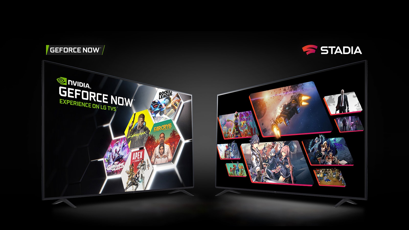 Beeld dat GEFORCE NOW en STADIA toont op twee afzonderlijke LG UHD TV, met shows en games.