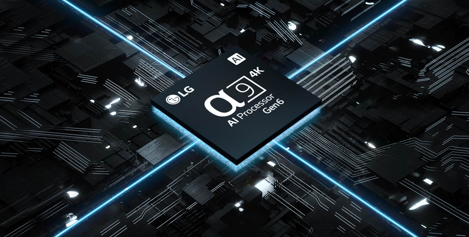 Een video van de α9 AI Processor 4K Gen6 tegen een printplaat. De printplaat licht op, en uit de chip komen blauwe lichten die de kracht ervan voorstellen.