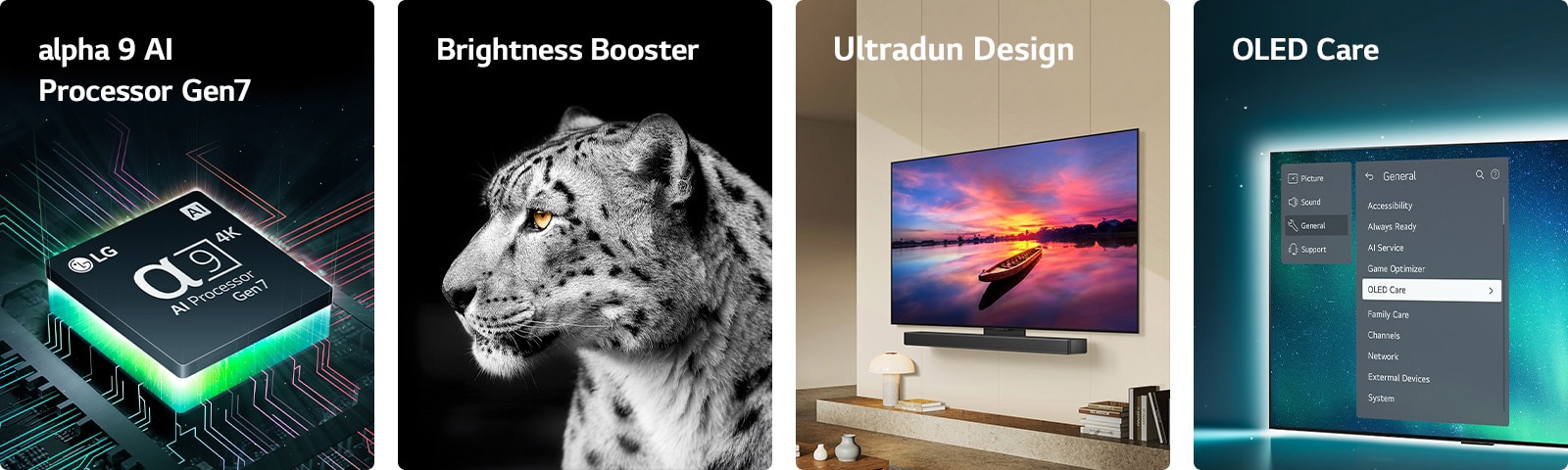 De alpha 9 AI Processor Gen7 van LG op een moederbord en stoot groene lichtstralen uit.  Brightness Booster met een beeld van de zijkant van het gezicht van een witte luipaard.  Ultraslank, geschikt voor de LG Soundbar en plat tegen de muur geplaatst in een moderne woonruimte.  OLED TV met het OLED Care-menu is geselecteerd in het ondersteuningsmenu op het scherm.