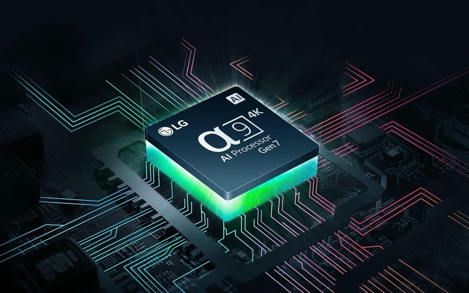 De alpha 9 AI Processor Gen7 van LG, nauwelijks zichtbaar in het donker. De AI Processor licht groen op en er komen kleurrijke lichtstralen uit. Er verschijnen meer lichtstralen over het moederbord, die steeds verder gaan. Witte stippen als sterren komen in zicht, die de indruk van een sterrenstelsel geven.