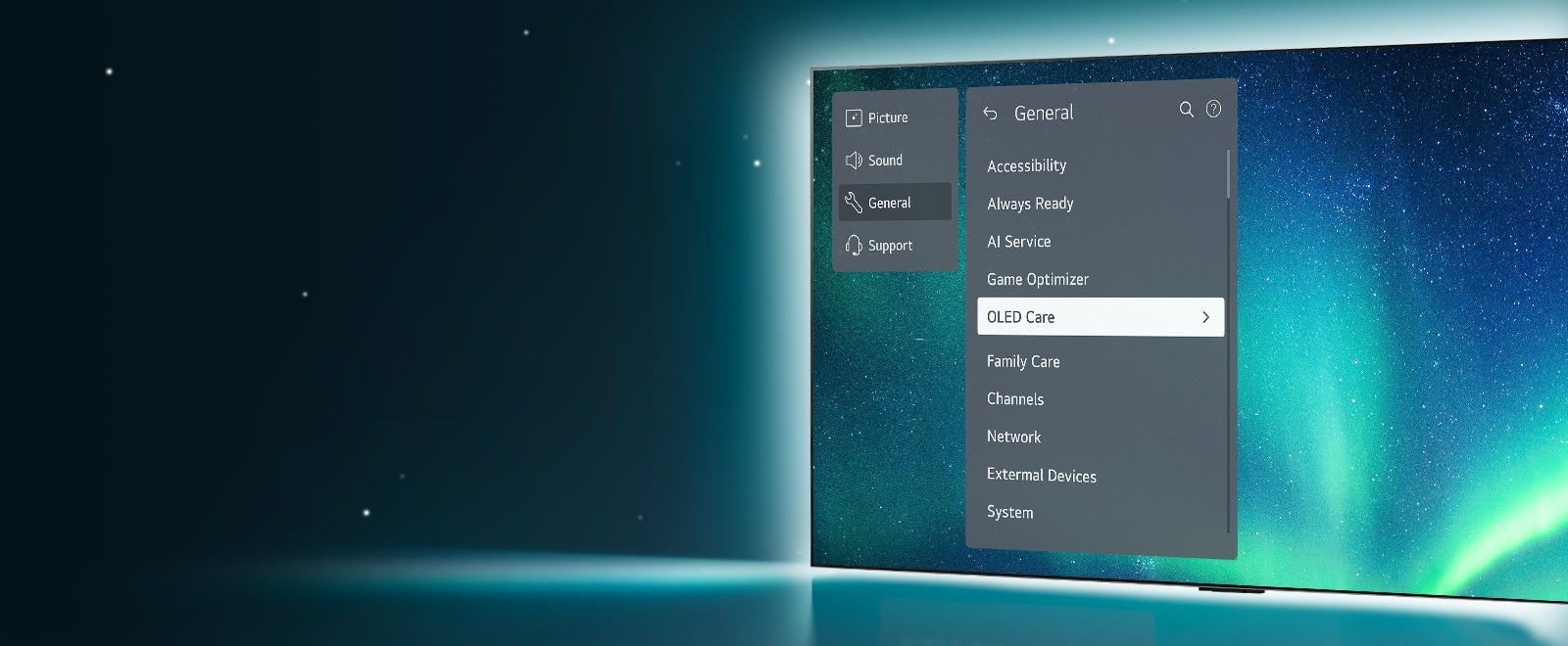 OLED TV staat aan de rechterzijde van het beeld. Het OLED Care-menu is geselecteerd in het ondersteuningsmenu op het scherm.