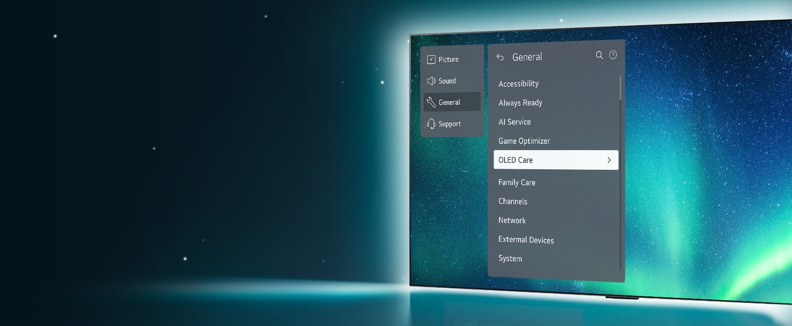 OLED-телевизор находится в правой части изображения. Меню OLED Care выбирается в экранном меню поддержки.