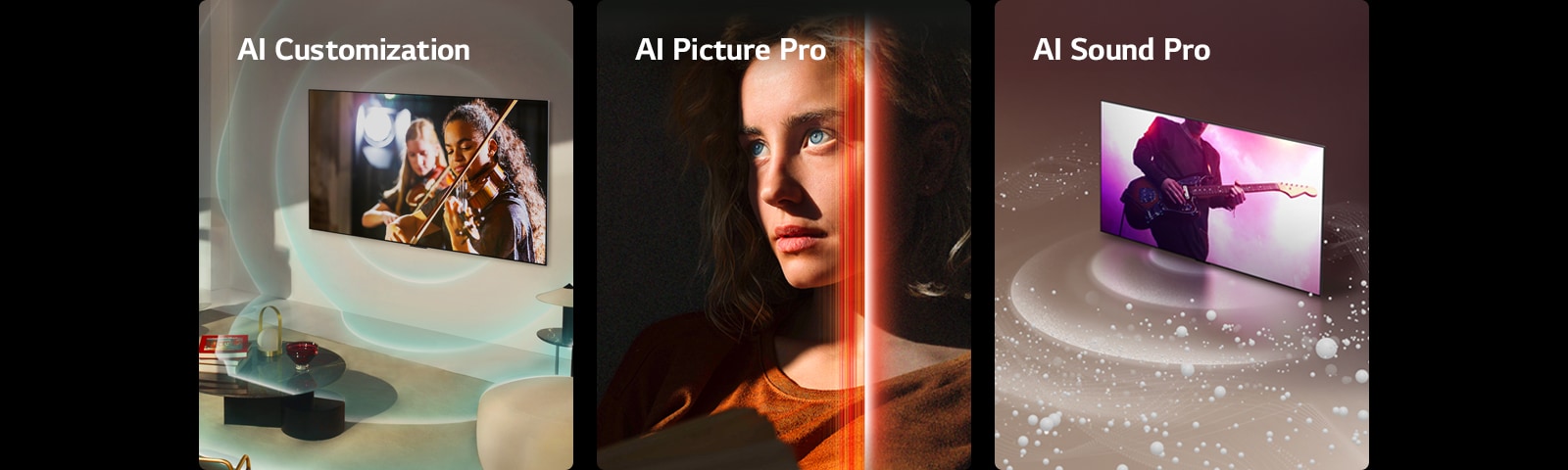 LG OLED v moderni sobi z glasbeno predstavo na zaslonu. Televizor in prostor sta obdana z modrimi krožnimi valovi, ki odražajo personalizacijo. Ženska z modrimi očmi in oranžnim zgornjim delom v temni sobi. Njen obraz je prekrit z rdečimi črtami, ki odražajo izboljšave AI. Njen obraz je svetel in podroben, medtem ko je preostali del podobe videti dolgočasen. LG OLED TV z zvočnimi mehurčki in valovi, ki prihajajo iz zaslona in polnijo prostor.