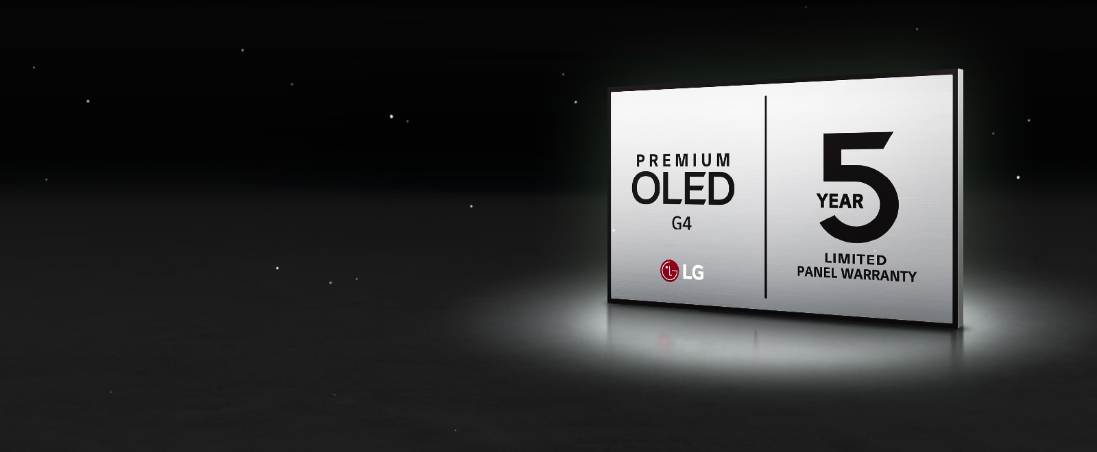 Logotip LG OLED Care+ in 5-letna garancija na plošči na črnem ozadju.