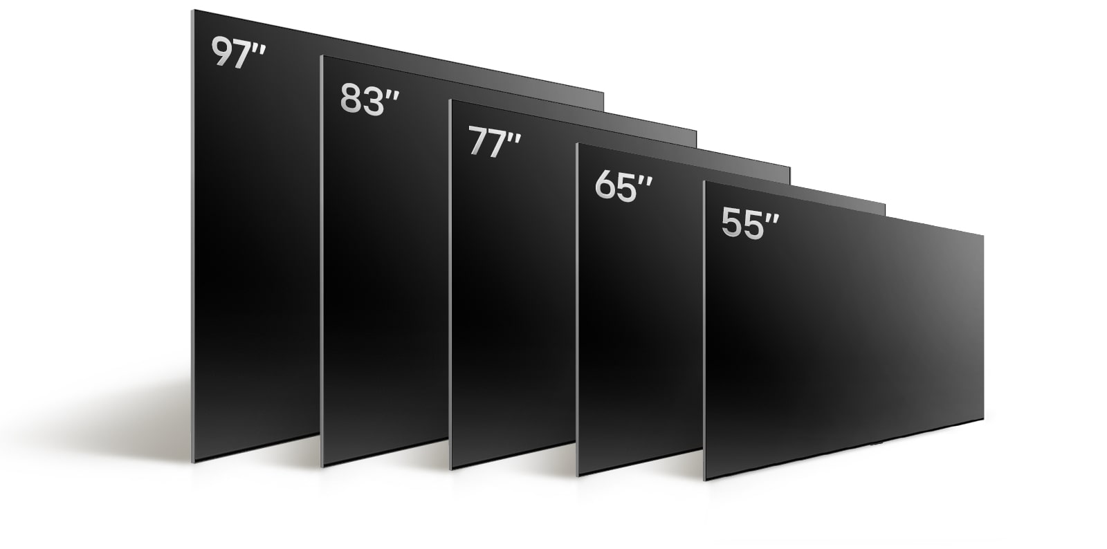 Primerjava različnih velikosti televizorjev LG OLED, OLED G4, z OLED G4 55 palcev, OLED G4 65 palcev, OLED G4 77 palcev, OLED G4 83 palcev in OLED G4 97 palcev.