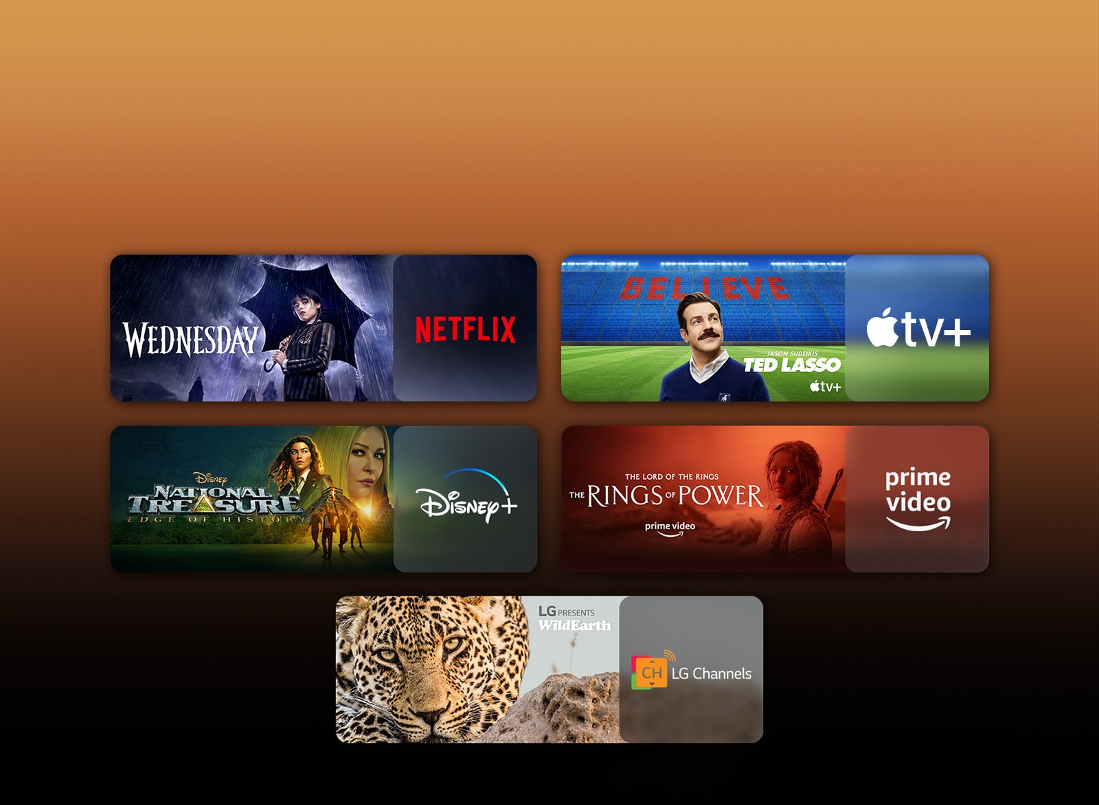 Naast elk logo staan logo's van platforms voor streamingdiensten en bijpassende beelden. Er zijn beelden van Netflix's Wednesday, Apple TV's TED LASSO, Paramount+'s Tulsa King, Disney Plus's National Treasure, PRIME VIDEO's The rings of power, sky showtime's TOP GUN, en LG CHANNELS' leopard.