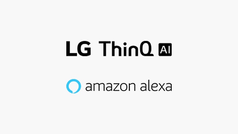 Het LG ThinQ AI-logo, het Amazon Alexa-logo zijn verticaal gerangschikt in de witte achtergrond.