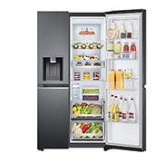 LG 635L inhoud | Door-in-Door™ | DoorCooling+™ | Water- en ijsdispenser met UVnano™ | Total No Frost | Inverter Linear Compressor, vooraanzicht open eten, GSJV91MCAE, thumbnail 3
