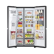 LG 635L inhoud | InstaView™ Door-in-Door™ | DoorCooling+™ | Water- en ijsdispenser met UVnano™ | Total No Frost | Inverter Linear Compressor, vooraanzicht open eten, GSXV90MCAE, thumbnail 3