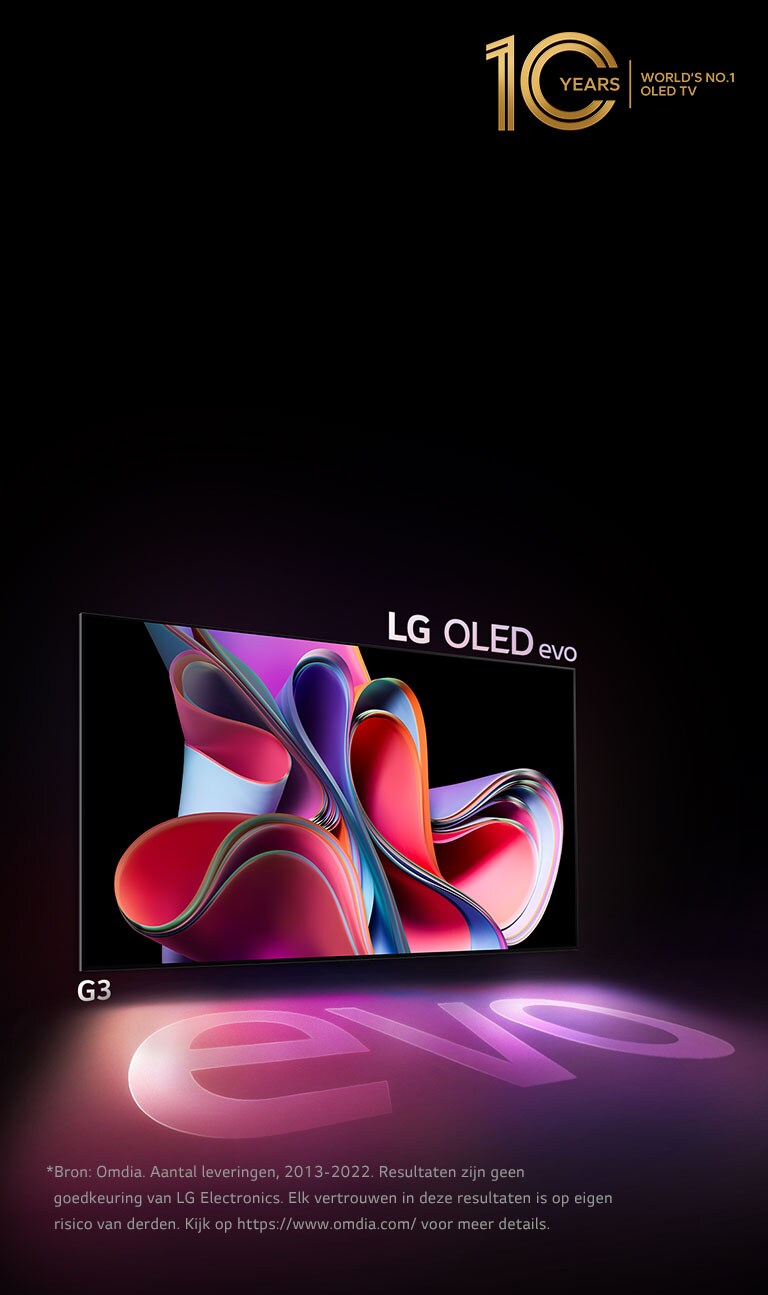 Een afbeelding van de LG OLED G3 tegen een zwarte achtergrond met een helder roze en paars abstract kunstwerk. Het display werpt een kleurrijke schaduw met daarop het woord "evo." Het embleem "10 jaar nummer 1 OLED TV ter wereld" staat linksboven in de afbeelding. 
