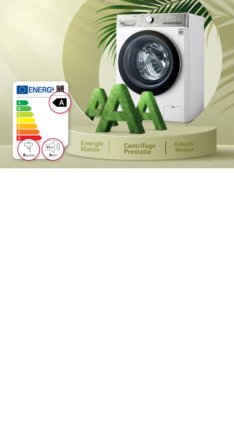 Op een groene achtergrond staan ​​een wasmachine en drie A's in hoofdletters op het plateau, met daarnaast een energielabel en daarachter de bladeren.