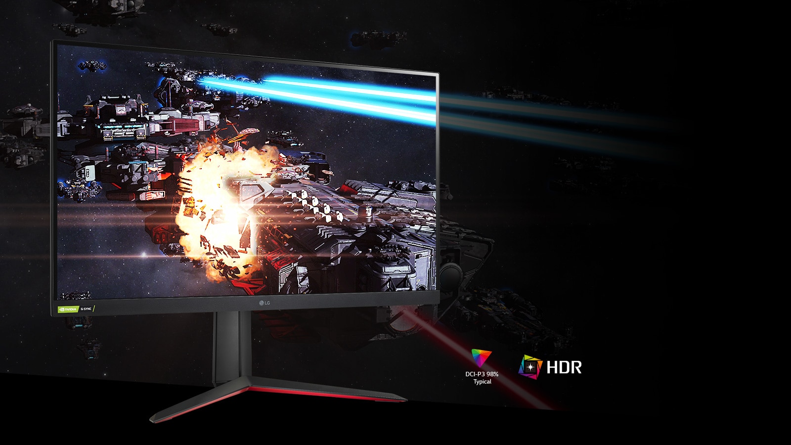 De gamingscène in rijke kleuren en contrast op de monitor die HDR10 ondersteunt met DCI-P3 98% (typ.).