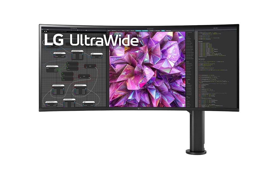 LG 37,5'' 21:9 Curved UltraWide™ QHD+ (3840 x 1600) Monitor Ergo, vooraanzicht monitorarm aan de rechterkant, 38WQ88C-W
