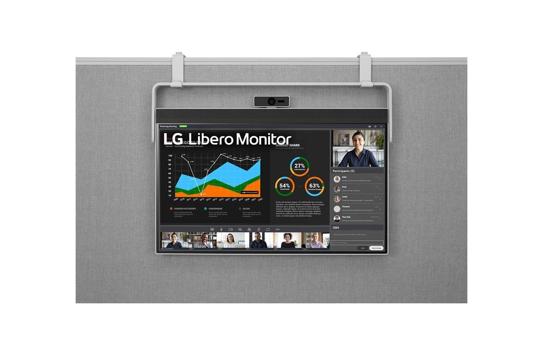 LG 27-inch QHD Libero Monitor met afneembare Full HD-webcam, vooraanzicht van het hangende type en de afneembare webcam, 27BQ70QC-S