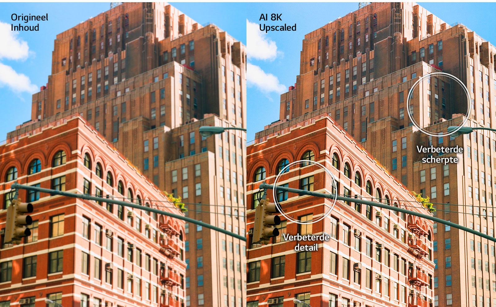 Zij-aan-zij beeld van rode stadsgebouwen. Het beeld rechts is scherper en helderder, en laat zien hoe het beeld zou worden verbeterd met AI 8K-upscaling.