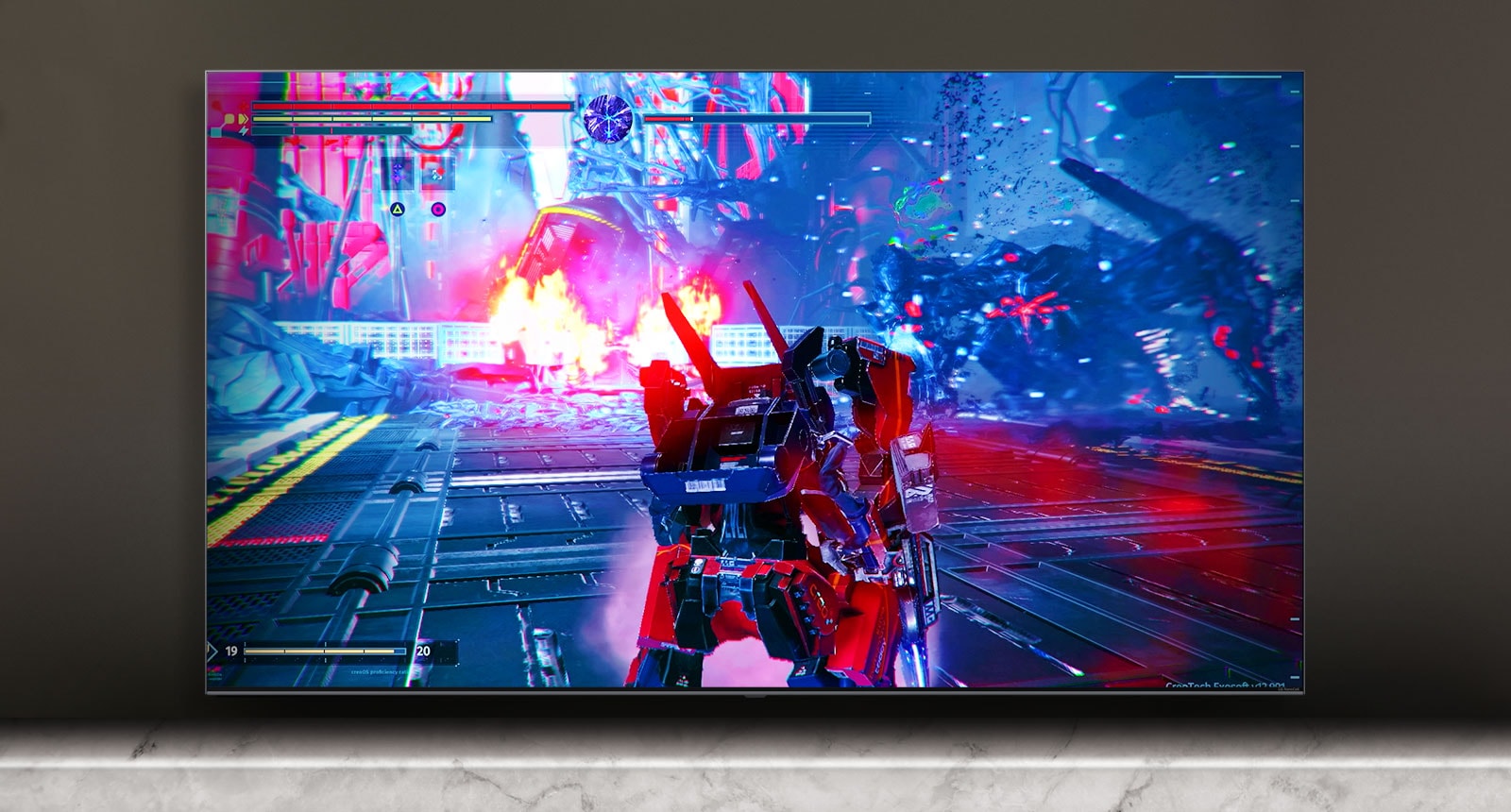 TV scherm toont een scenen van een gevechtsspel
