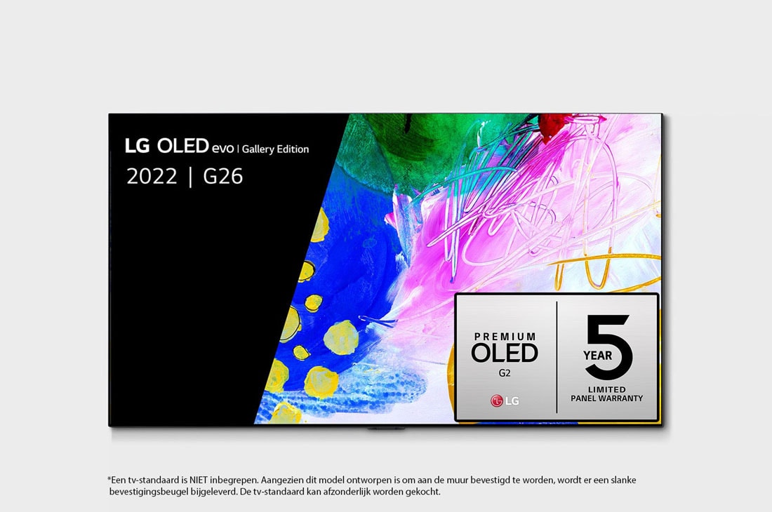 LG 77'' G2 OLED evo Gallery Edition, Vooraanzicht met LG OLED evo Gallery Edition op het scherm, OLED77G26LA