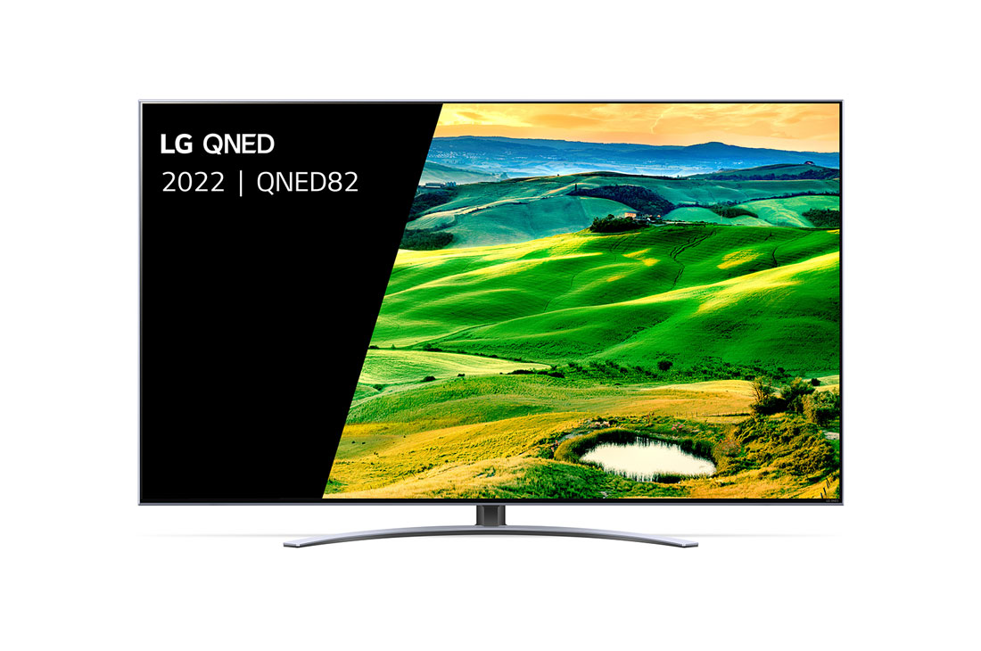LG QNED82, Een vooraanzicht van de LG QNED TV met invulbeeld en productlogo op, 50QNED826QB