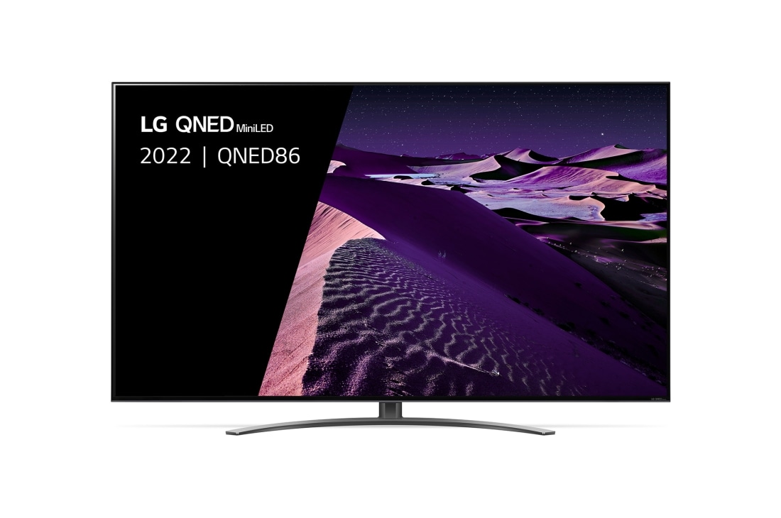 LG QNED86, Een vooraanzicht van de LG QNED TV met invulbeeld en productlogo op, 86QNED866QA
