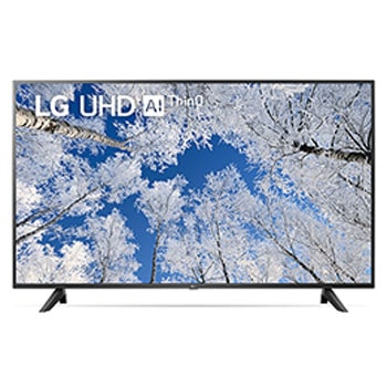 Een vooraanzicht van de LG UHD TV met invulbeeld en productlogo op1