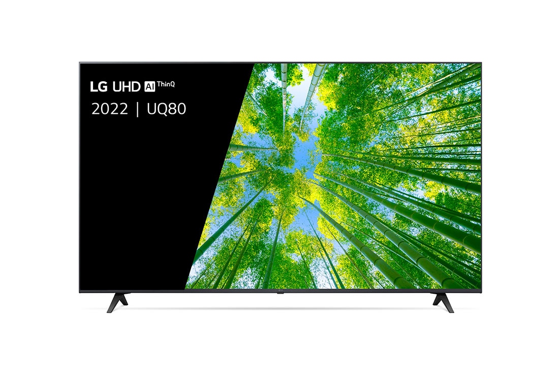 LG UHD 4K TV, Een vooraanzicht van de LG UHD TV met invulbeeld en productlogo op, 55UQ80006LB