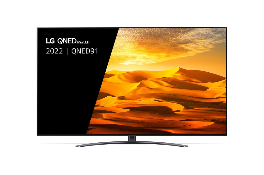 LG QNED91, Een vooraanzicht van de LG QNED TV met invulbeeld en productlogo op, 65QNED916QA