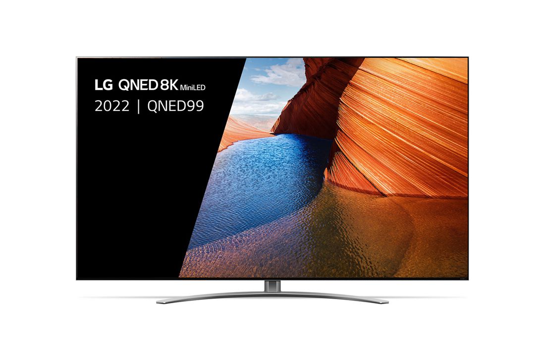 LG QNED99, Een vooraanzicht van de LG QNED TV met invulbeeld en productlogo op, 65QNED996QB