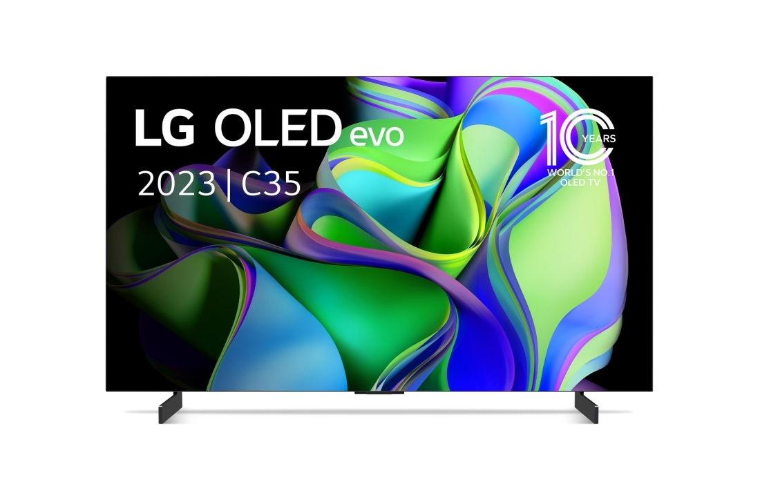 LG OLED evo C3 42 inch 4K Smart TV 2023, Vooraanzicht met LG OLED evo en 10 jaar nr. 1 OLED-embleem op het scherm, evenals de soundbar eronder. , OLED42C35LA