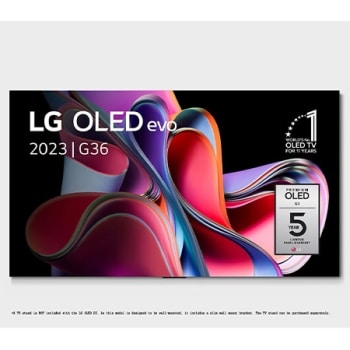 Front view with LG OLED evo, 10 Years World No.1 OLED Emblem, and 5-Year Panel Warranty logo on screen1