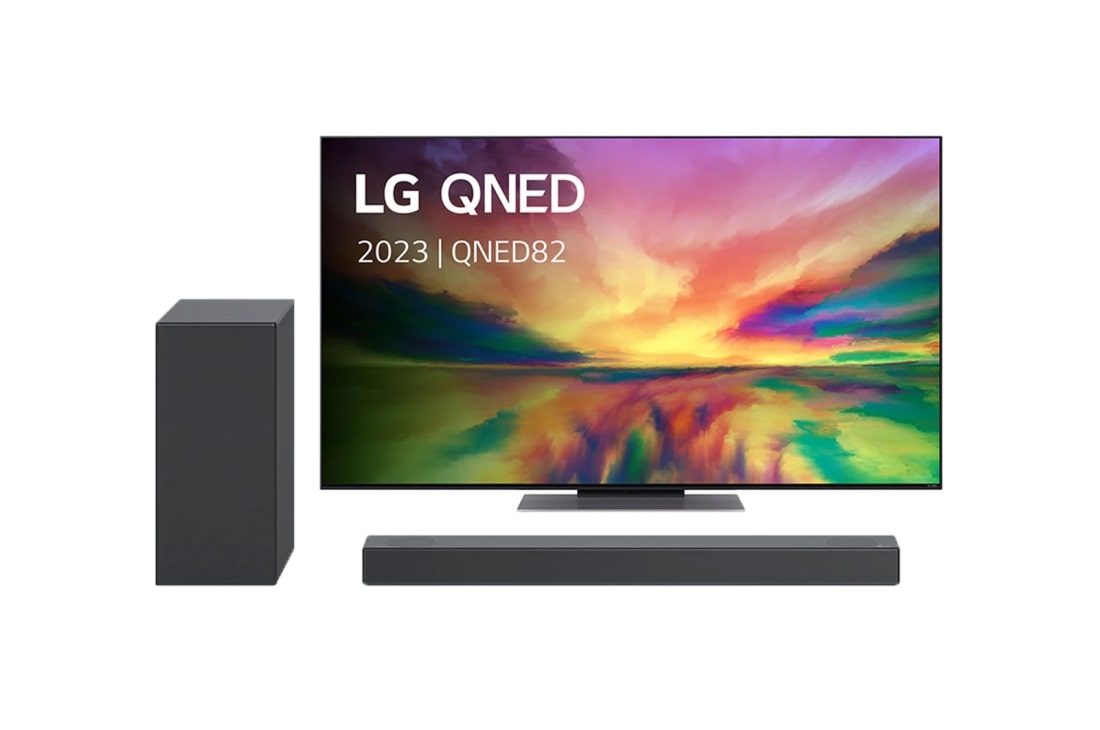 LG QNED 82R 55 inch 4K Smart TV & D60Q Soundbar, vooraanzicht met invulbeeld, 55QNED826RE.DS60Q