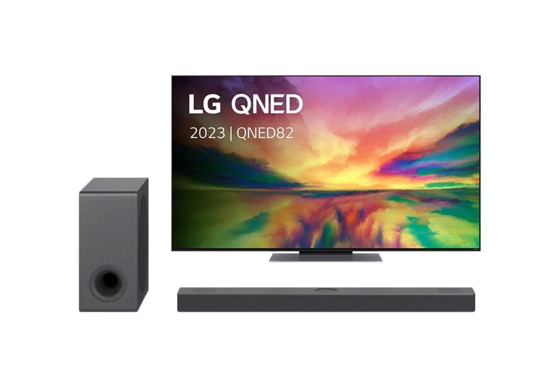 LG QNED 82R 75 inch 4K Smart TV & D80QY Soundbar, vooraanzicht met invulbeeld, 75QNED826RE.DS80QY