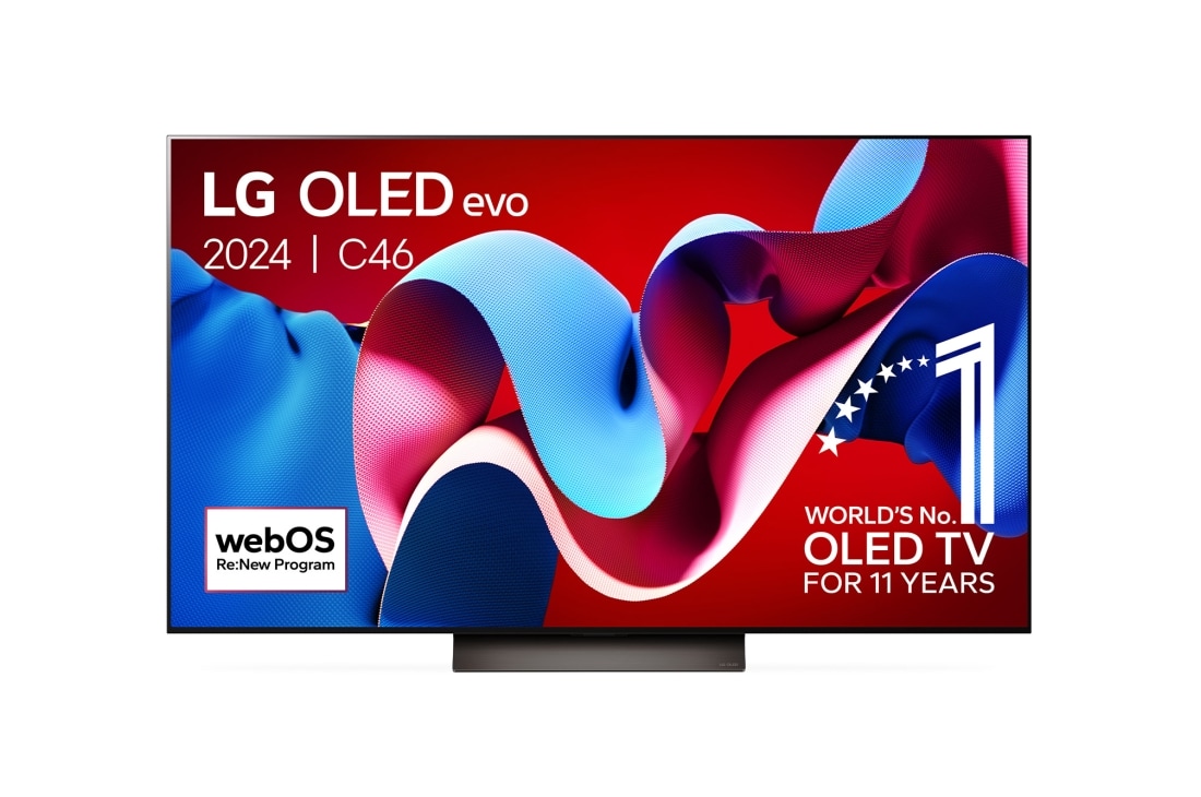 LG 55 Inch LG OLED evo C4 4K Smart TV 2024, Vooraanzicht van LG OLED evo TV, OLED C4, 11 jaar wereldwijd nummer 1 OLED-embleemlogo en webOS Re:New Program-logo op het scherm, OLED55C46LA
