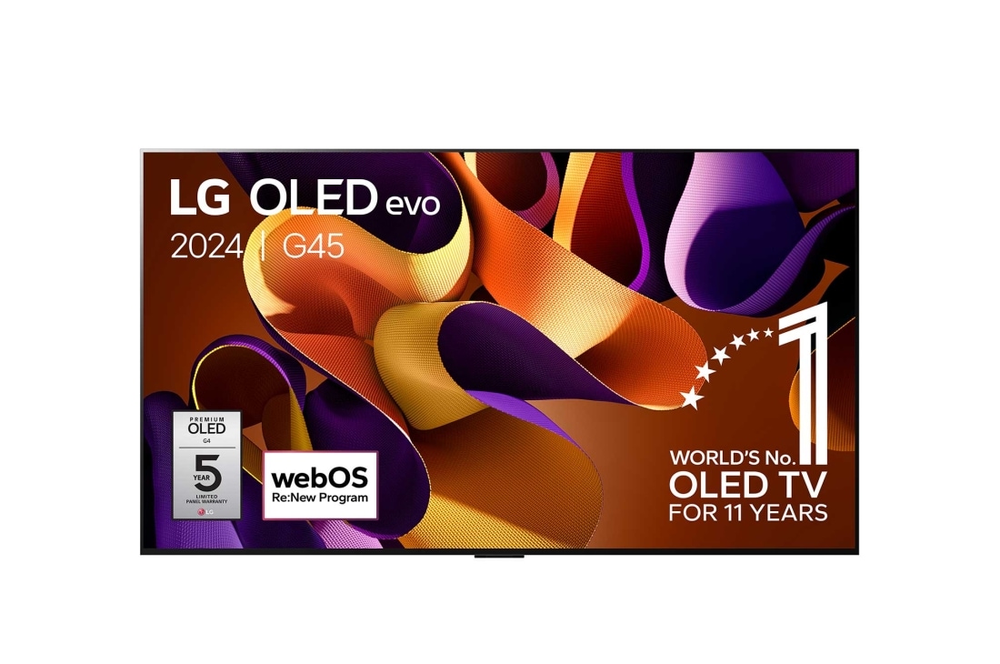 LG 55 Inch LG OLED evo G4 4K Smart TV 2024, Vooraanzicht met LG OLED evo TV, OLED G4, 11 jaar wereldwijd nummer 1 OLED-embleem, en 5 jaar paneelgarantielogo op het scherm, OLED55G45LW